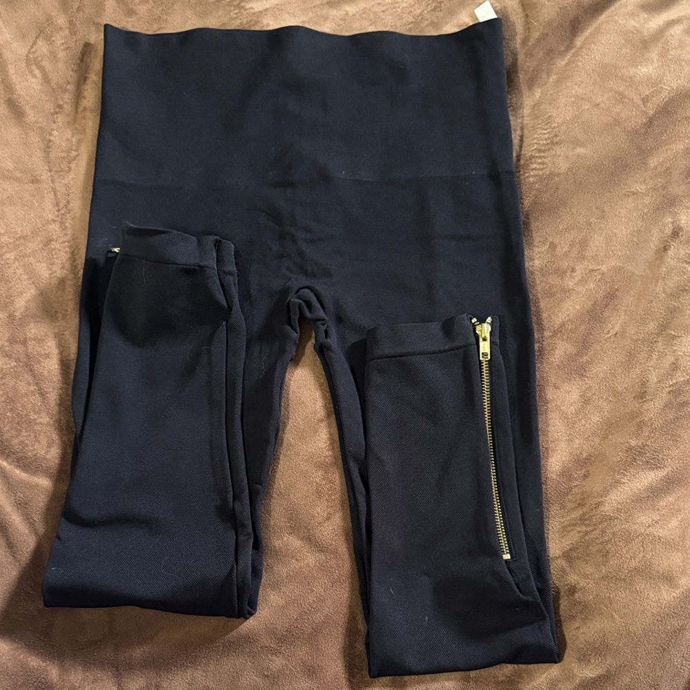 SPANX Navy Leggings with Gold Zipper Accent